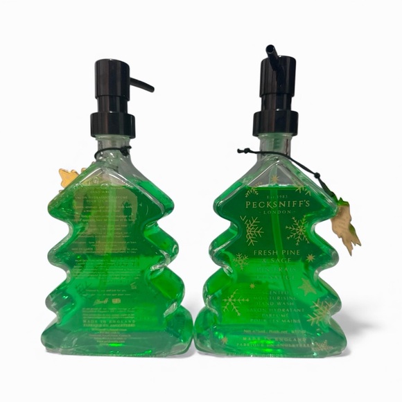 NEW 2x Pecksniffs Fresh Pine & Sage Glass Christmas Tree Bottle Hand Wash Set - Picture 2 of 4
